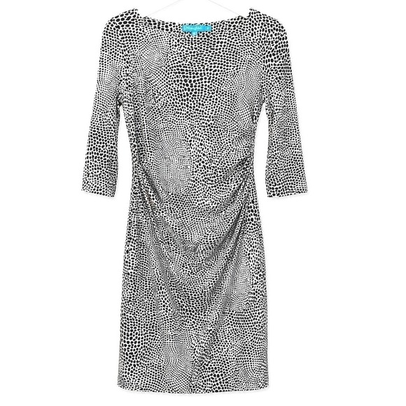 J.McLaughlin Dresses & Skirts - J.McLaughlin Dotted Animal Print Sheath Dress Black White Ruched 3/4 Sleeve S
